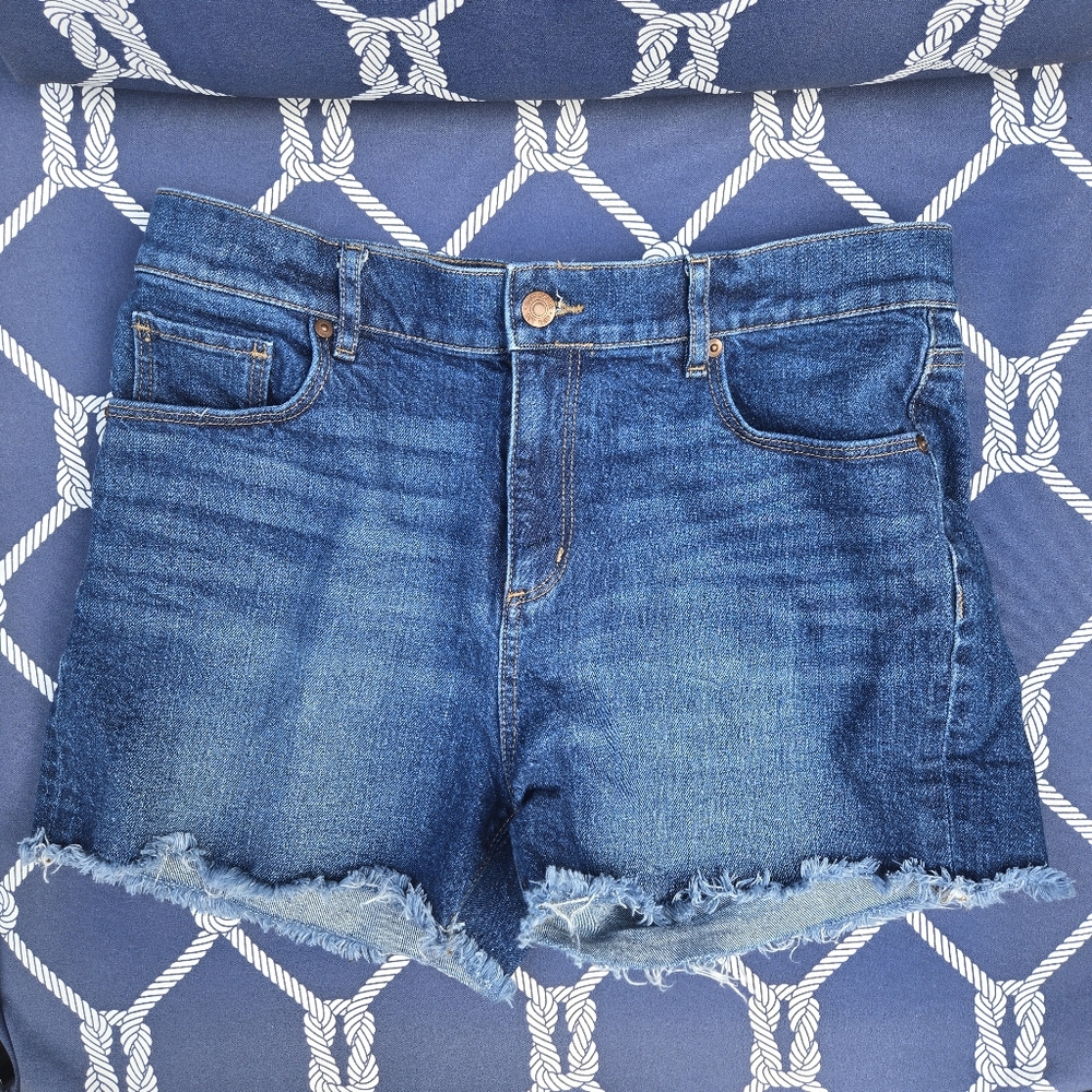 Ann Taylor LOFT Medium Blue Denim Jean Shorts Pockets Frayed Egde Women's 6 / 28